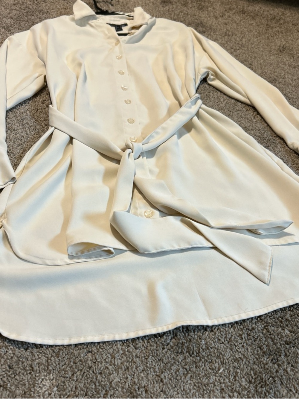 Forever 21 Cream Long-Sleeve Button-Up Tie-Waist Dress